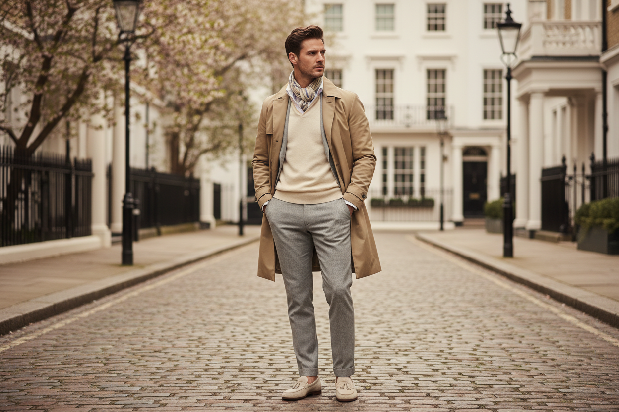 knappe man outfit old money style buiten london lichte kleuren naturel clean beige wit lichtgrijs creme nonchalant wegkijkend