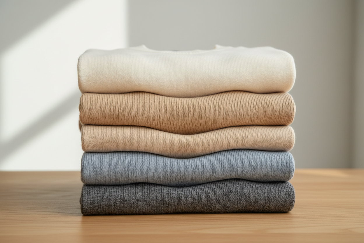 knitwear basic men old money style opgevouwen stapel lichte kleuren